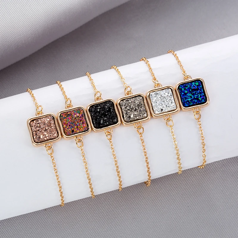 

6 Color Adjustable Square Bracelet Drusy Quartz Concise Design Gold - Plated Custom Ladies Jewelry