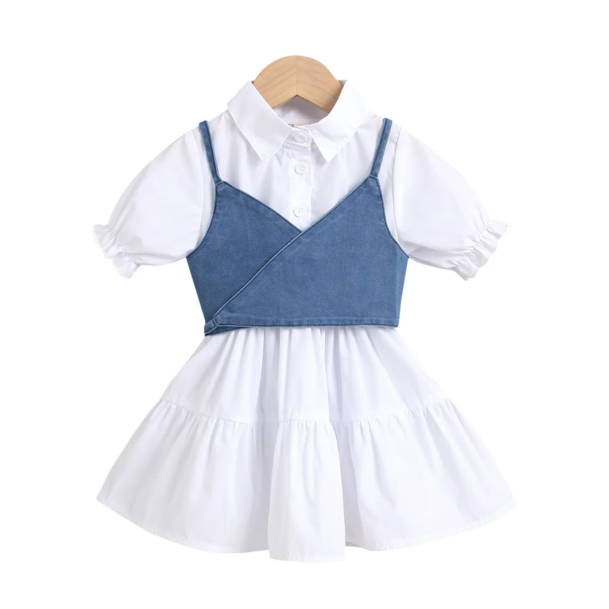 

Low Price High Quality Shirt Dress for Baby Girls White Puff Sleeve Long Blouse with Denim Vest Kids Clothing Girls Dresses