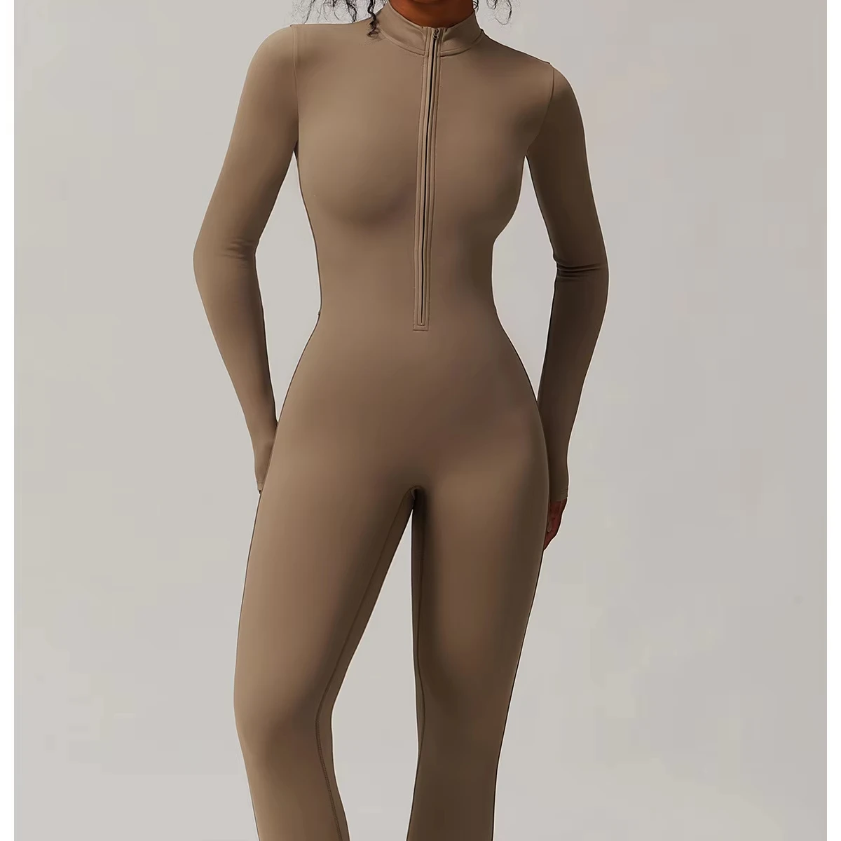 Women's Winter Long Sleeve Yoga Jumpsuit Front Zipper Elastic Waist Butt Lifting Yoga Pants Breathable Bodysuit Long Leggings