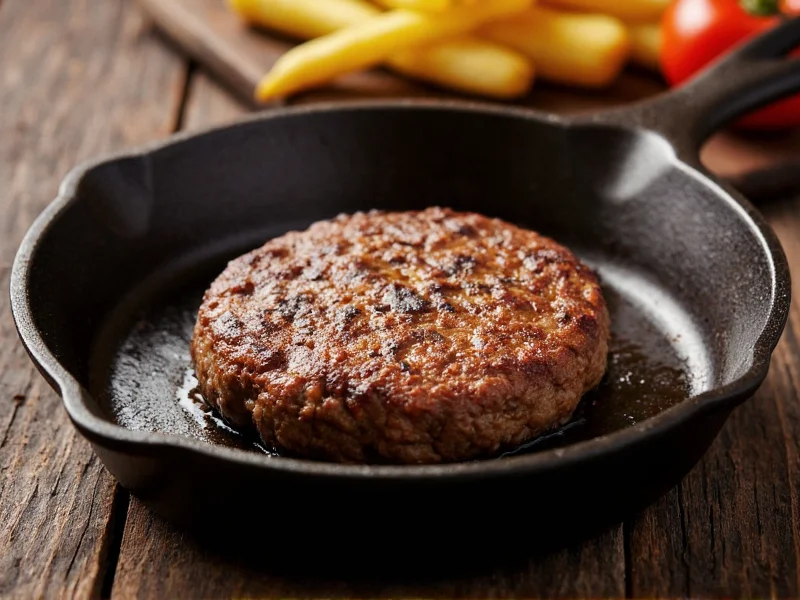 Juicy homemade burger cooking in cast iron skillet