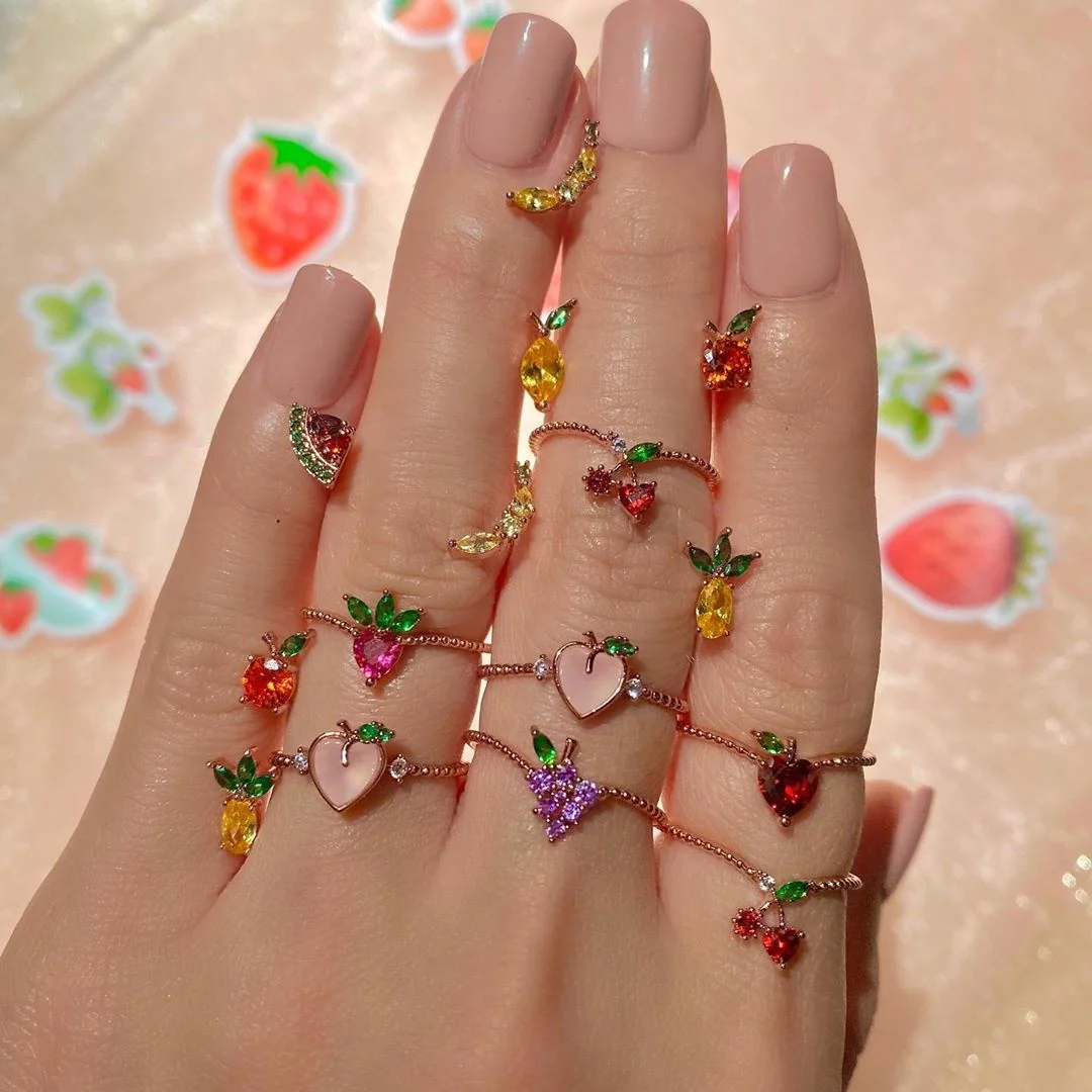 

2020 summer cute lovely colorful zircon cz fruit ring gold girls women, Customized