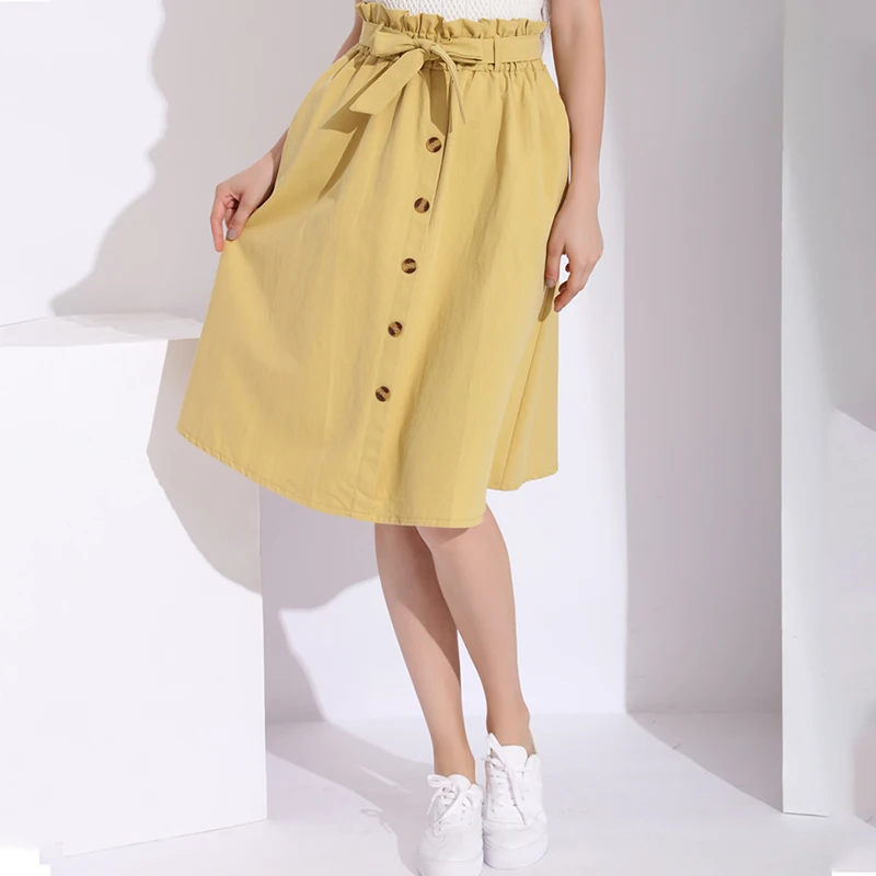 

With Buttons Retro Button Elastic High Waist Women's Skirt Cotton Skirt Women Midi A Line Skirts Office Summer Women Dresses, White;black;yellow;khaki;army green;light blue