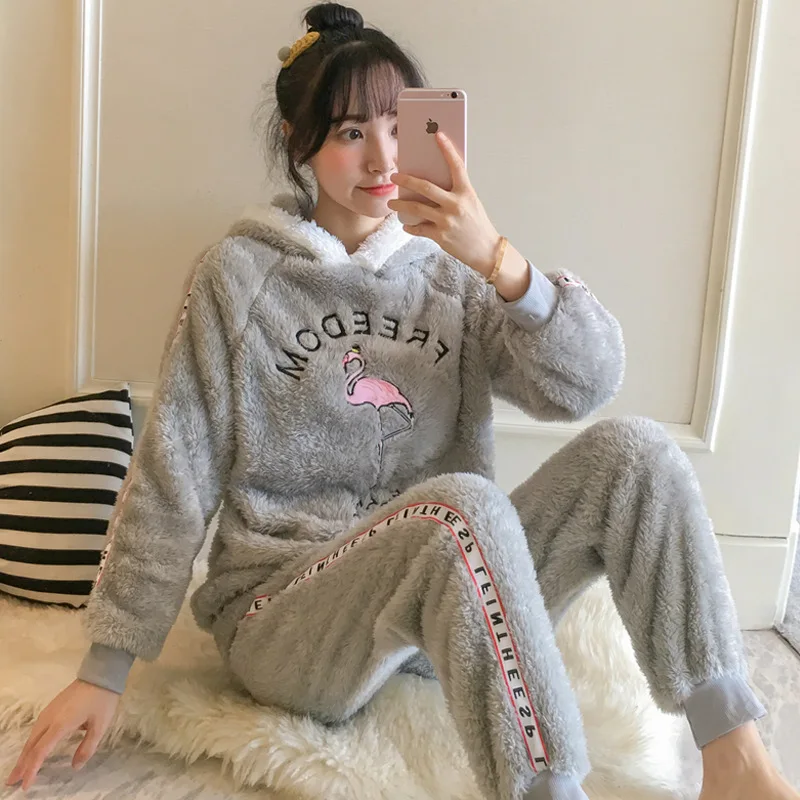 

Women's Flannel Autumn Rabbit Winter Pyjamas Set Women Long Sleeve Sleepwear Suit Warm Cute Tops Pants Home Female Pajamas
