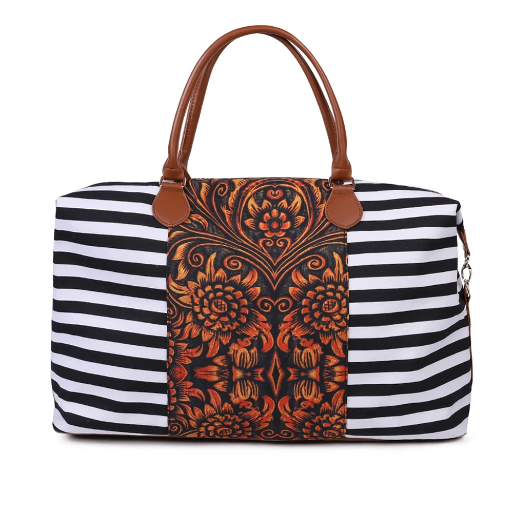 

Large Capacity Stripe Floral Embossed Western Tooled Leather Women Ladies Weekend Canvas Luggage Duffle Tote Shoulder Travel Bag, Serape&leopard,leopard,rainbow,sunflower,etc.