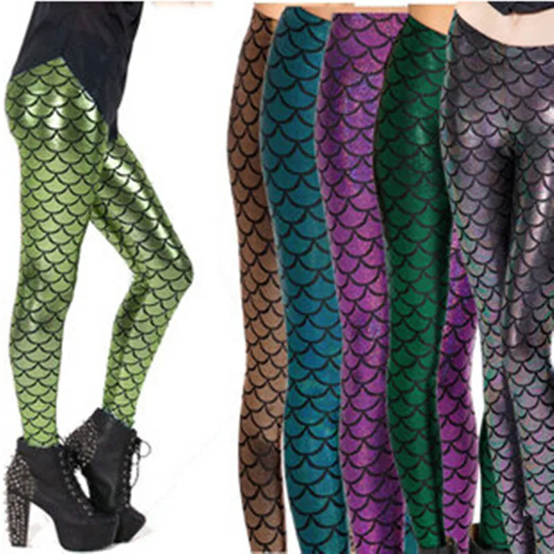 

Leggings Amazon spring fish scales printing shiny high waist nightclub scrunch butt Mermaid apparel slim leggings for women