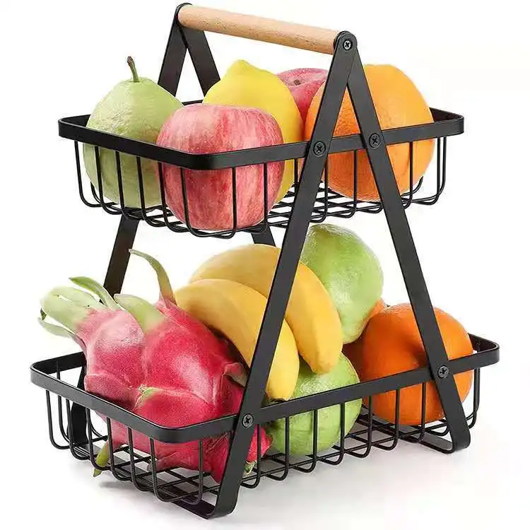 

2 Tier Metal Storage Basket Organizer Hanging Fruit Basket Vegetable Holder, Black,white