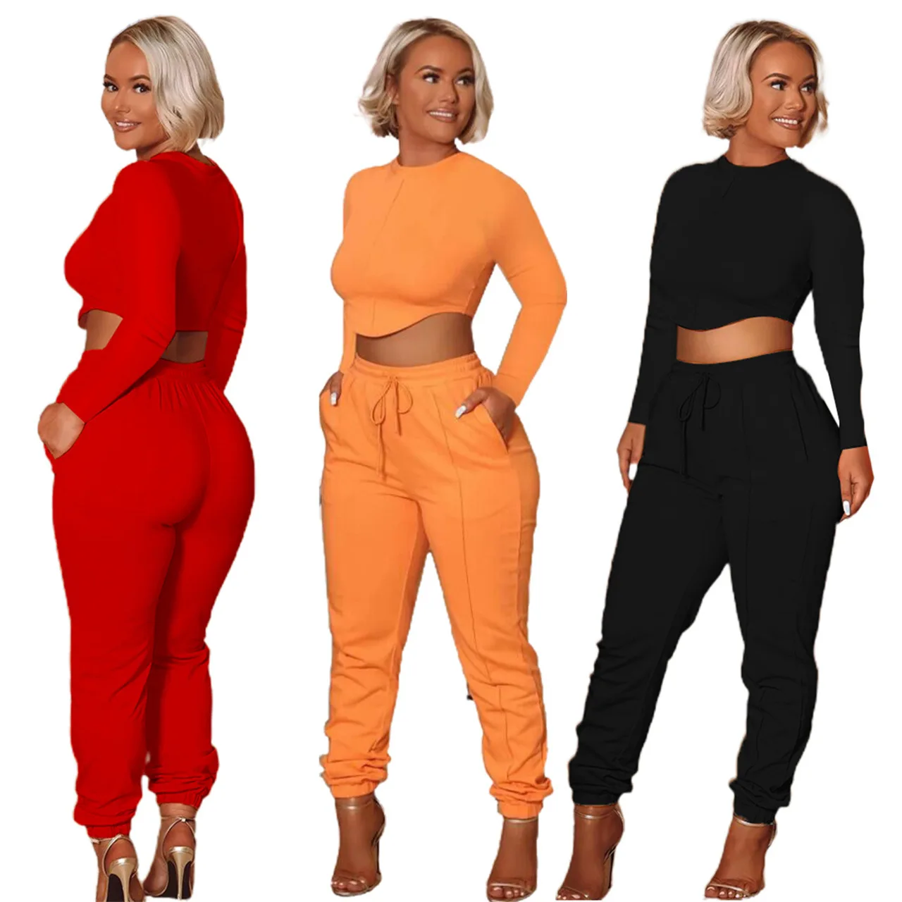 

Women Solid Color Round Neck Long-Sleeved T-Shirt Sexy Slim Lace-Up Trousers Casua Ribbed Cut Out Two Piece 2 Piece Jogging Suit