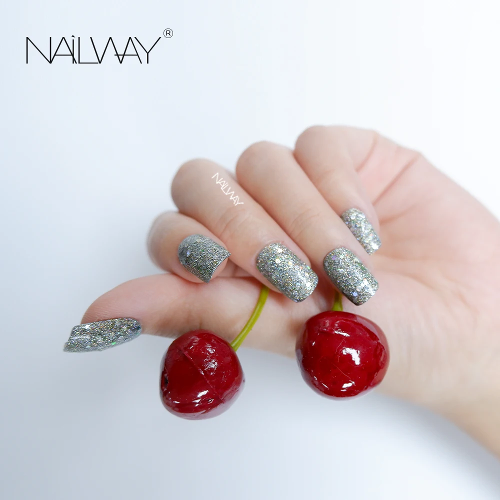 

Factory Direct Sales Press On Finger Nails Gray Glitter Acrylic Powder Full Cover Nail Tips Artificial Nails