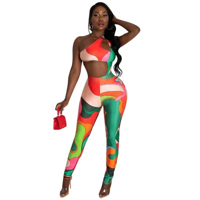 

2021 summer women's new fashion print sexy halter high waist tight casual sports jumpsuit