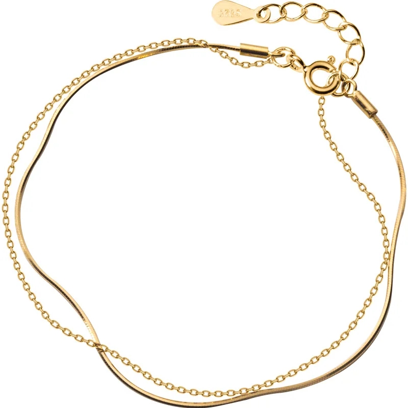 925 Sterling Silver Fashion Jewelry Bracelets Thin Snake Double Layer Plain Gold Plated Bracelets for Women