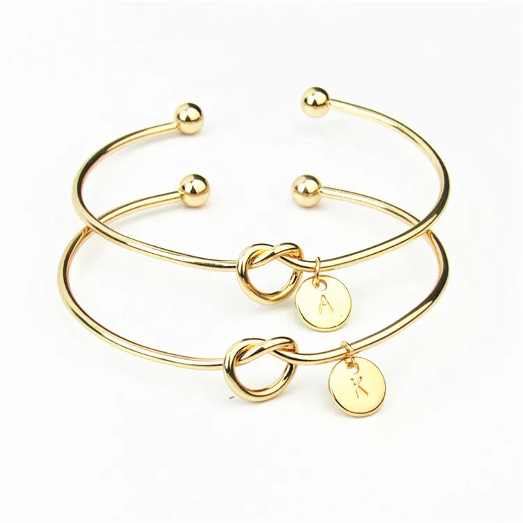 

2020 Yiwu Customized Women Jewelry 26 Initial Letters Disc Knot Bangle Bracelet, Silver gold rosegold