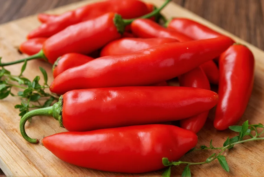 Close-up view of bright red pimento peppers on a wooden cutting board with fresh herbs
