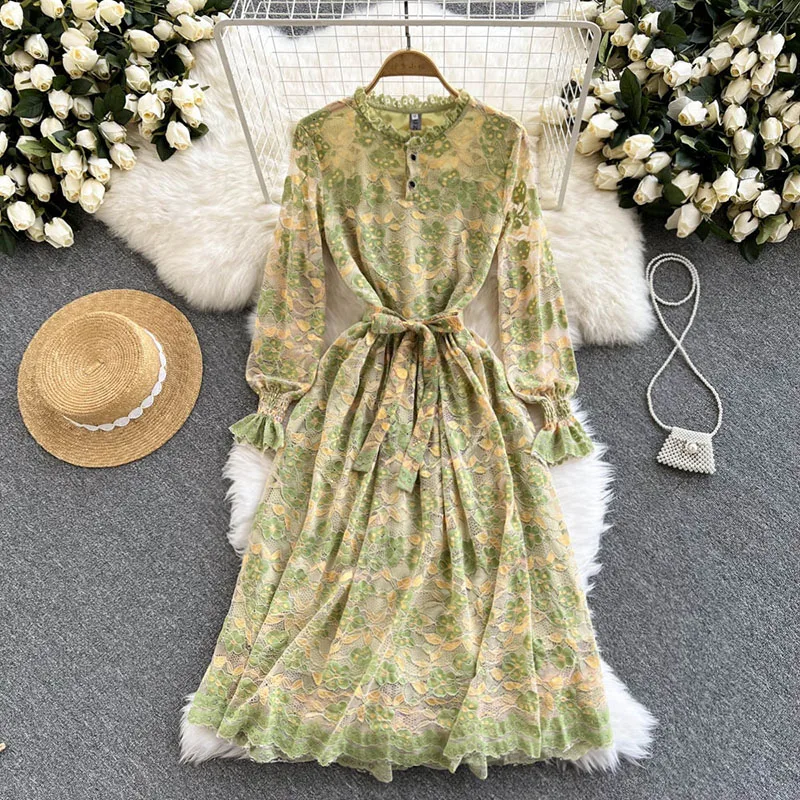 

Spring Elegant Green Guipure Lace Ruffle Stand Collar Lantern Sleeve High Waist Hem Bandage Midi Dress With Lining For Women