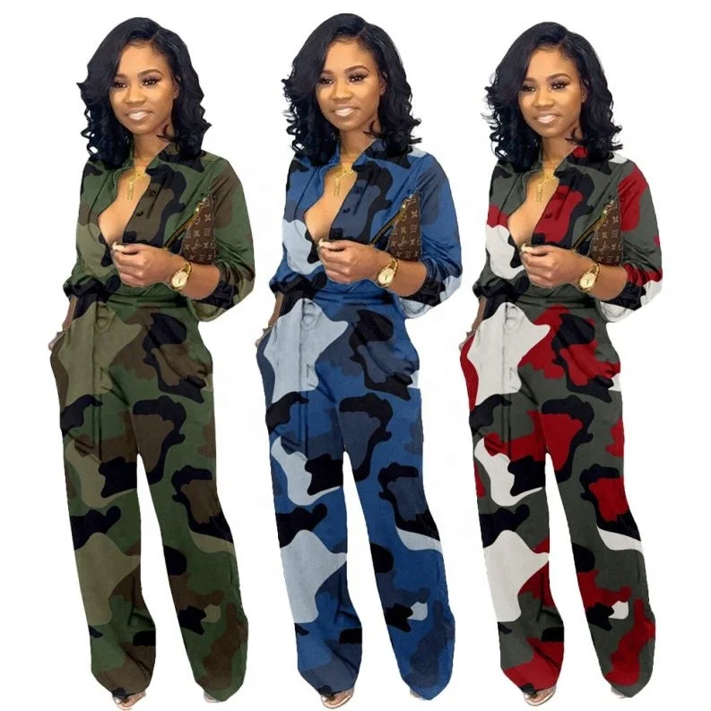 

New winter and fall loose camouflage long sleeve jumpsuit for women
