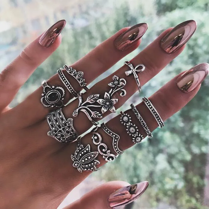

12 Pcs/set bohemian women finger rings vintage palm sunflower rose lotus knuckle party wedding rings, Silver plated