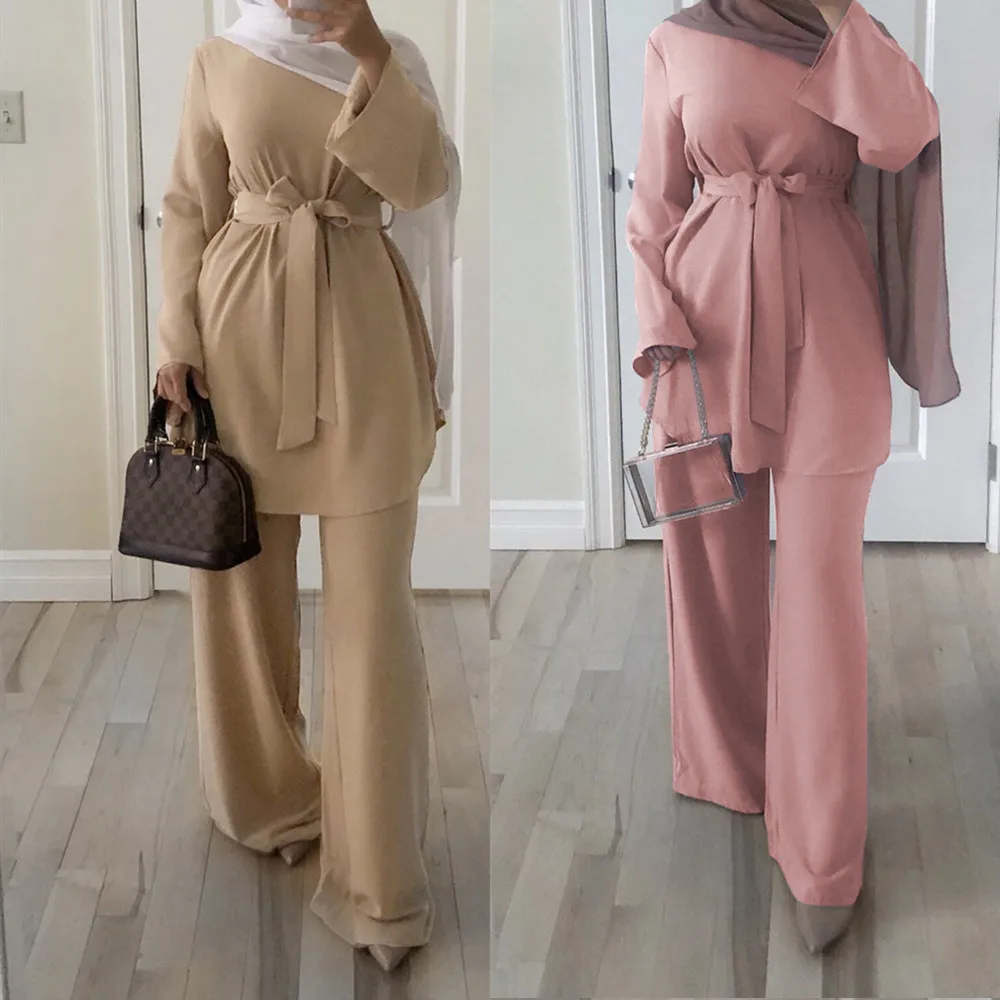 Modest Fashion Islamic Clothing Women Casual Blouse and Pants Suit with Tie