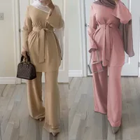 

Modest Fashion Islamic Clothing Women Casual Blouse and Pants Suit with Tie