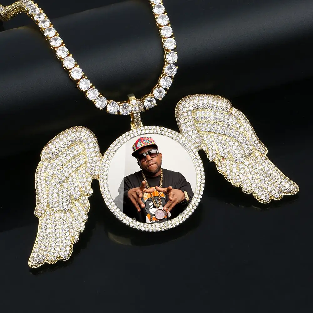 

2019 Hot Sale Custom Photo Angle Wings Necklace & Pendant Bling Cubic Zirconia with Tennis Chain Big Size Hip hop Jewelry, Silver gold