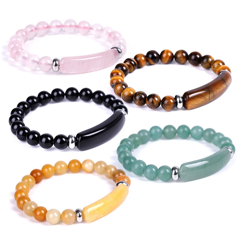 

8mm Beaded Natural Tiger Eye Obsidian Long Bar Energy Stone Bracelet ST137, As the pictures