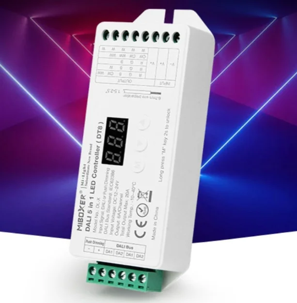 

Miboxer DALI 5 in 1 LED Controller (DT8) DL-X DC12~24V 20A RGB+CCT Dali Dimmer