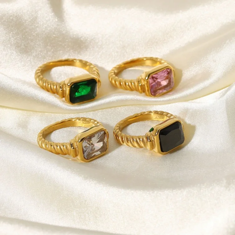 

Trendy Women Jewelry Multicolor Chunky Twisted Croissant Statement Emerald Ring Colorful Rectangle Crystal CZ Diamond Ring, Gold, rose gold, steel, black etc.