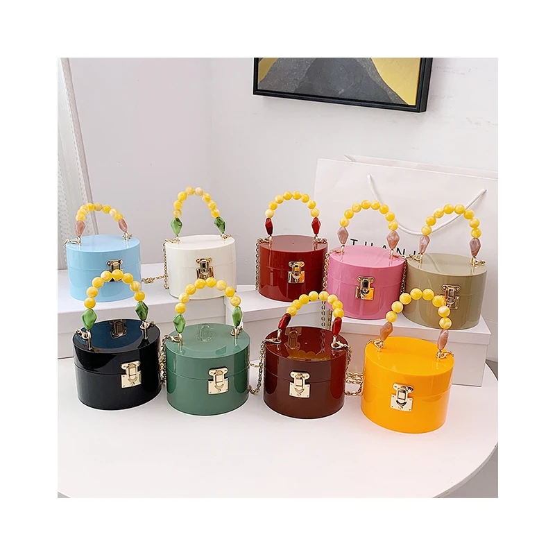 

Barrel-Shaped Chain Box Jelly Bags Personality Round Candy Color PVC Women Messenger Bag Mini designer Beaded Handbags New Bolsa