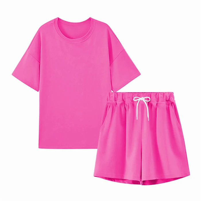 

OEM Custom Made Solid Color Short Sleeve Sweat Suit Hot Style Women 2 Piece Jogger Short Set