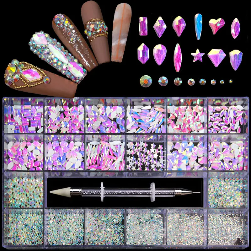 

Charm Opal White Crystal Nail Art Rhinestones Mix Shapes Glass Diamonds DIY Aurora Nail Decorations, Opal aurora