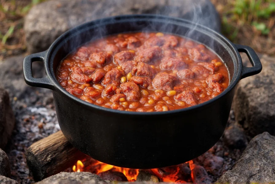 Cast iron Dutch oven with bubbling cowboy chili over campfire, meat chunks visible, rich red color, rustic setting