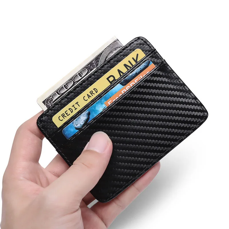 

BOSHIHO Minimalist Front Pocket RFID Blocking Credit Card Leather Wallet Slim Carbon Fiber Card Holder for Men Women, Black,coffee