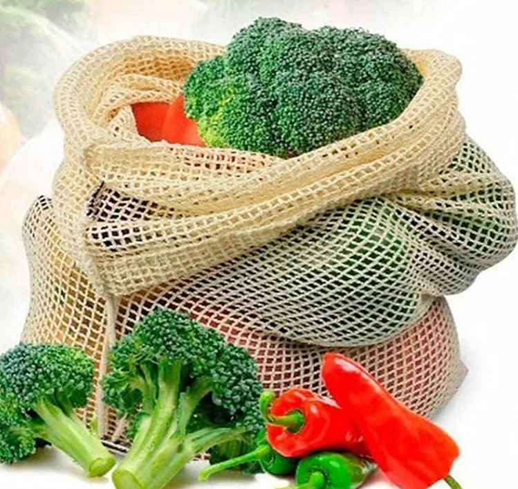 

No waste Reusable organic cotton drawstring for grocery shopping fruit eco organic cotton mesh bags, Natural