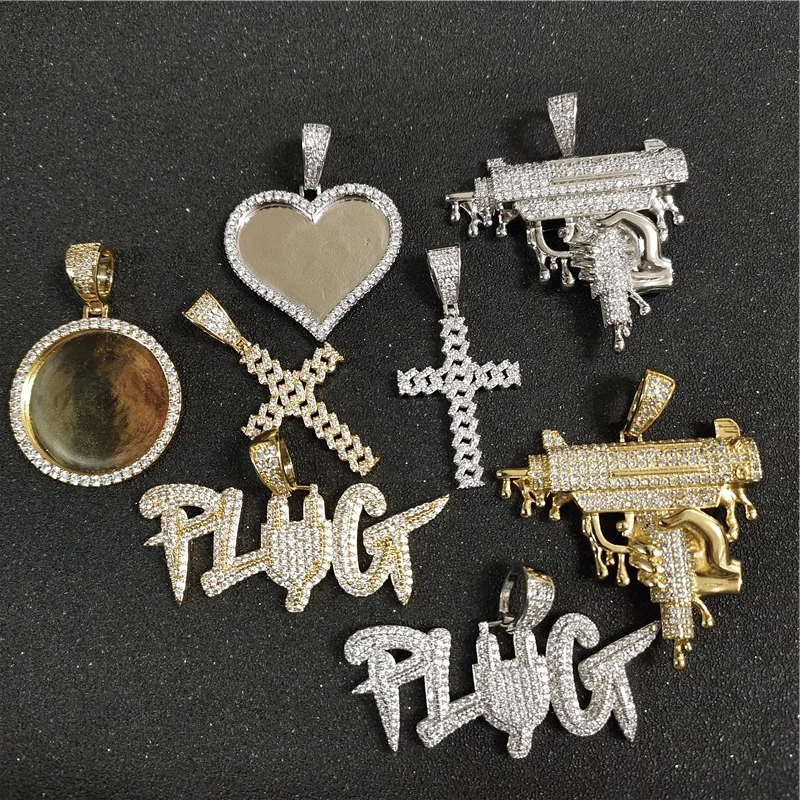 

Hip Hop Rap Jewelry CZ Iced Out Shining Pistol Cross Photo Frame Custom Bubble Letter Hip Hop Necklace Pendant