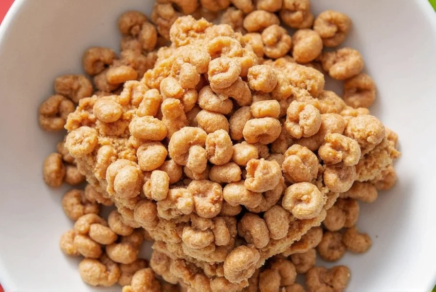 Close-up of Cinnamon Toast Crunch cereal pieces showing the square shape and cinnamon sugar coating on white background