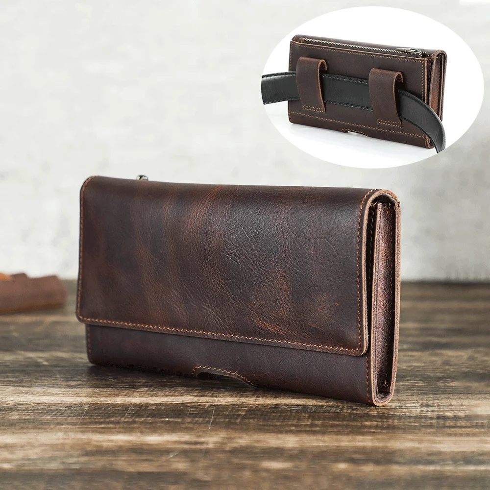 Wholesale Custom Minimalist Crazy Horse Leather Belt Phone Pouch Vintage Magnetic Horizontal Waist Phone Holster Bag Case