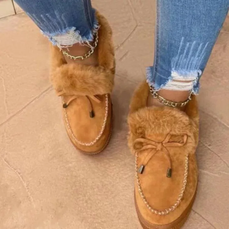 

Casual Round Toe Bow Inner Faux Fur Slip On Shoes For Women Low Heel Winter Snow Boots -PT