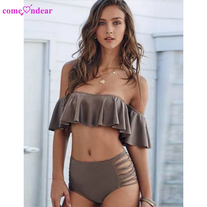 

Wholesale off shoulder ladies sexy mature high-waisted bikini swimsuit