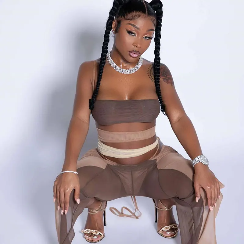 

New Arrival Jumpsuits Women Sexy One Piece Sleeveless Flare Mesh Bodycon Jumpsuit For Women, Photo shows