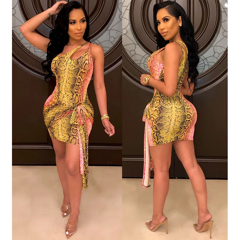 

One Shoulder Snake Skin Sexy Bodycon Party Dress Women Mini High Cut Sexy Backless women dresses summer sexy