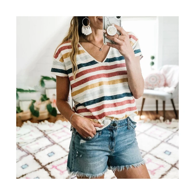 

Cheap Price Sale Ladies Short Sleeve V-Neck Multicolor Striped Ladies T-Shirt Top