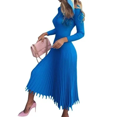

Wholesale factory sweater hot style mid-length sweater dress solid color pleated knitted dress female, Orange, blue, gray, blue