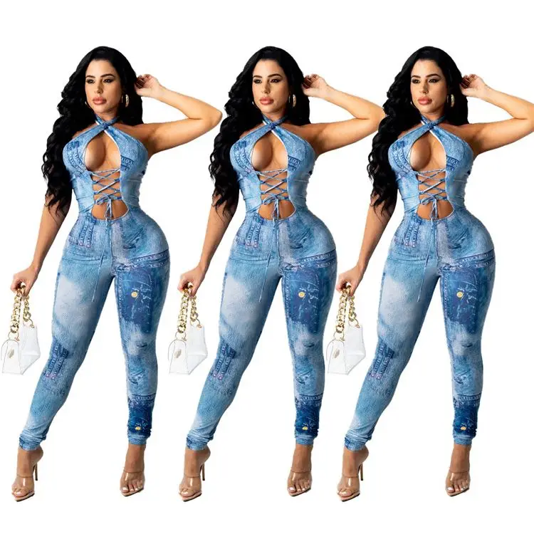 

Print Logo 2021 Women Clothing Bodycon Jumpsuits Sexy Backless Halter Bandage Print Women Jumpsuits And Rompers