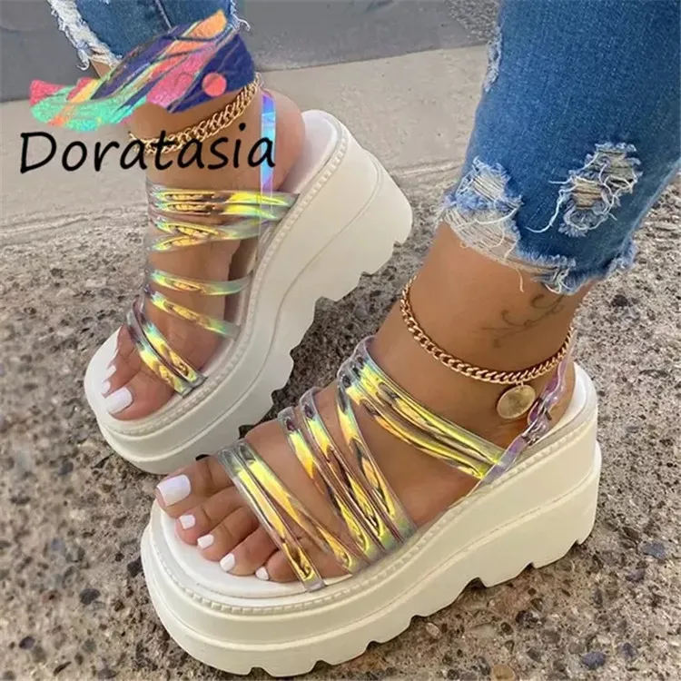 

Holographic new trendy platform round peep toe women shoes clear perspex chunky sole high heel female sandals for summer