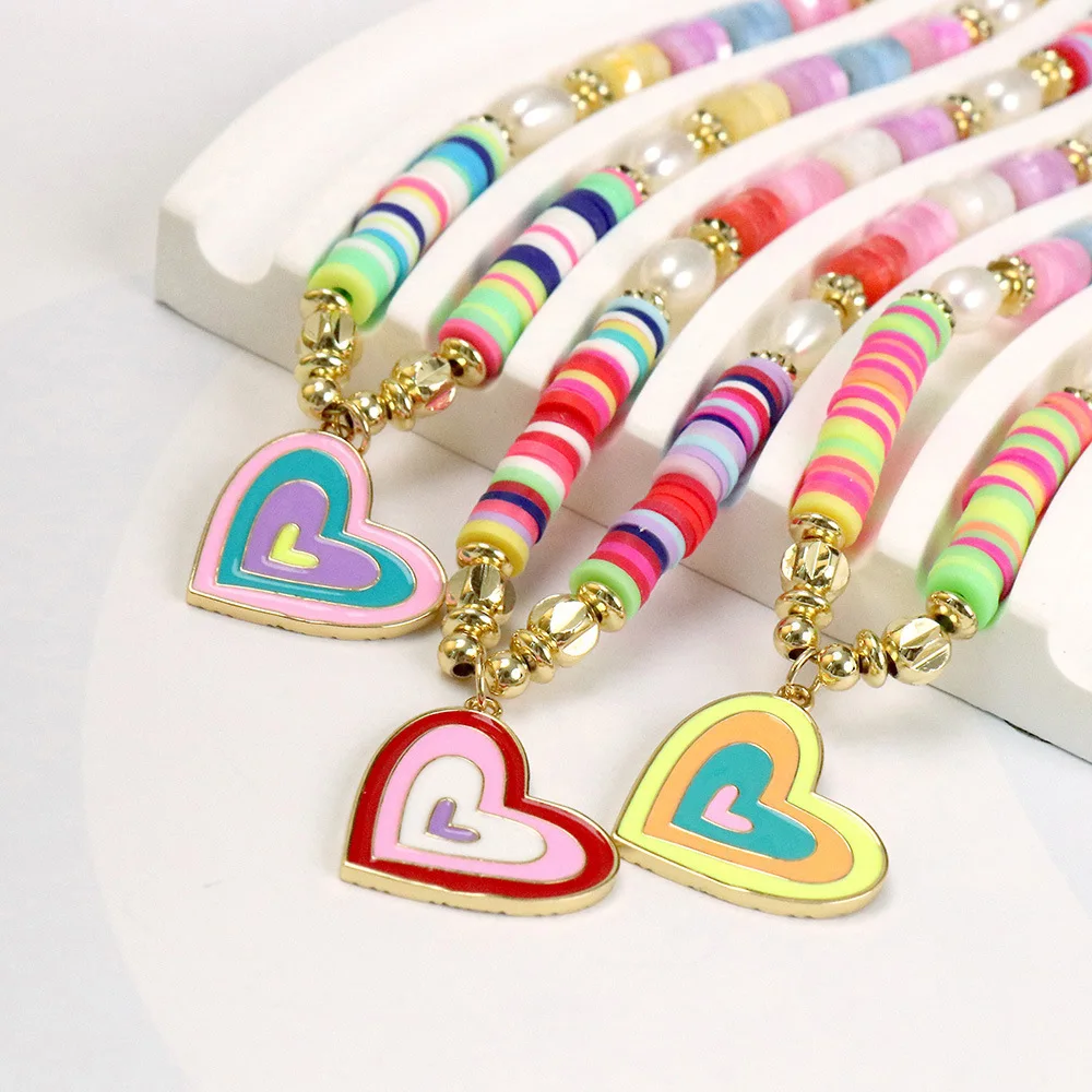 

Statement Bohemian Gold Plated Natural Pearl Polymer Clay Heart Pendant Enamel Choker Charm Necklace
