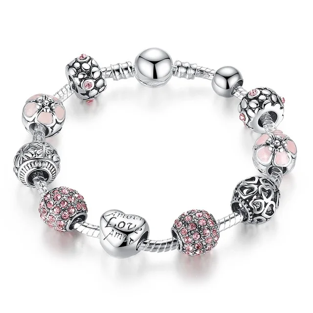 

Antique Silver Charm Bracelet & Bangle with Love and Flower Beads Women Wedding Jewelry 4 Colors 18CM 20CM 21CM