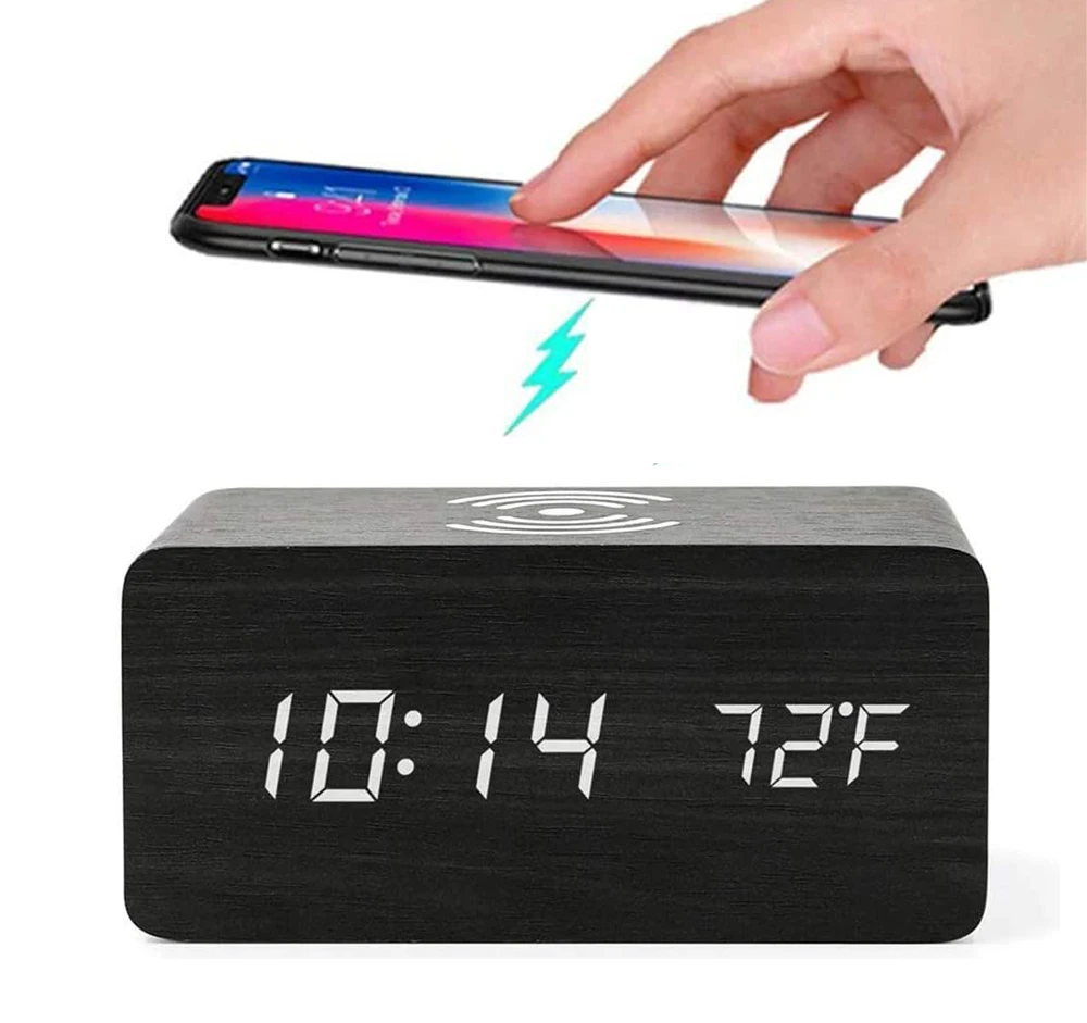 

Customized Table Clock Voice Activated Calendar Digital Snooze Wake up Alarm Wireless Charging Wood Desk Clock for gift, Bamboo, brown wood, black,white