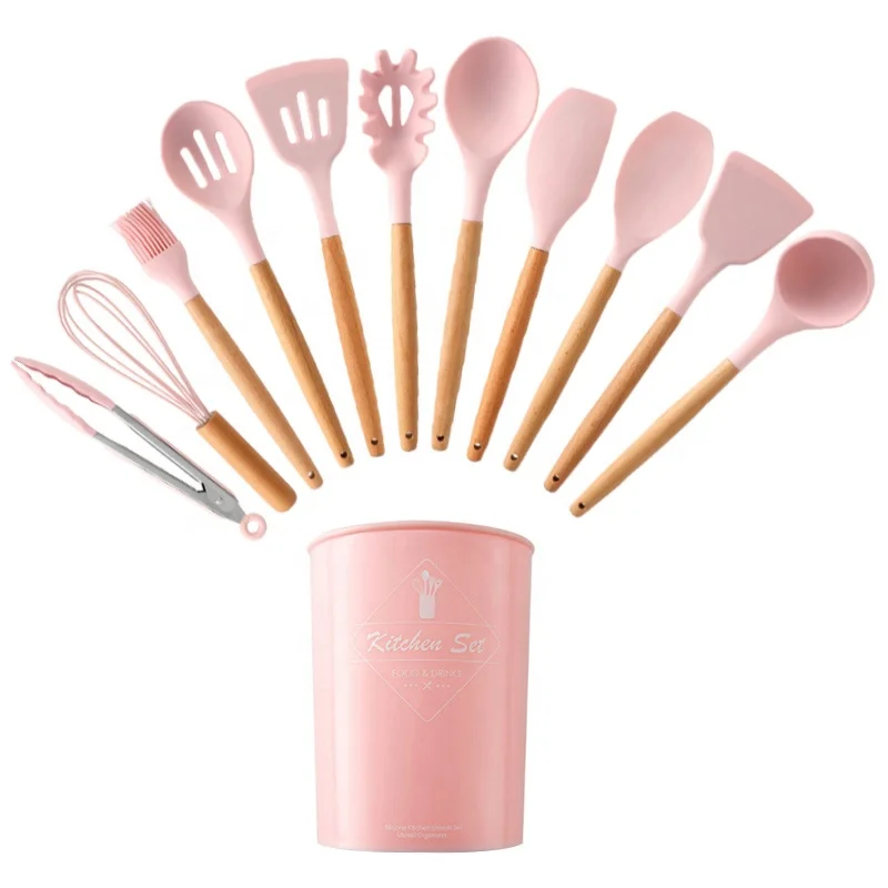 

Amazon hot sale silicone kitchenware 12pcs silicone kitchen utensils set with wooden handle