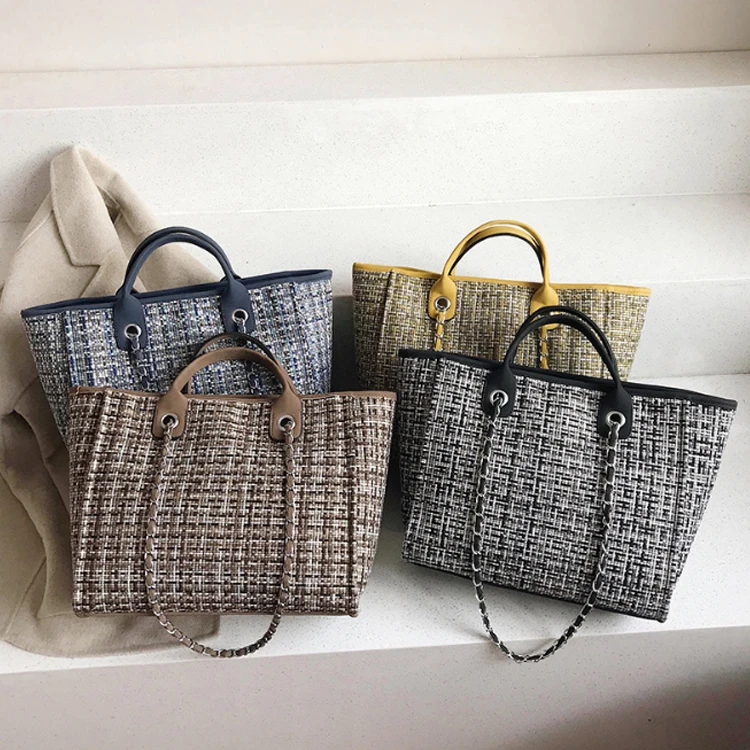 

Wholesale Ladies shoulder hand bags 2021 canvas beach bags large canvas tote bag with chain, Customizable