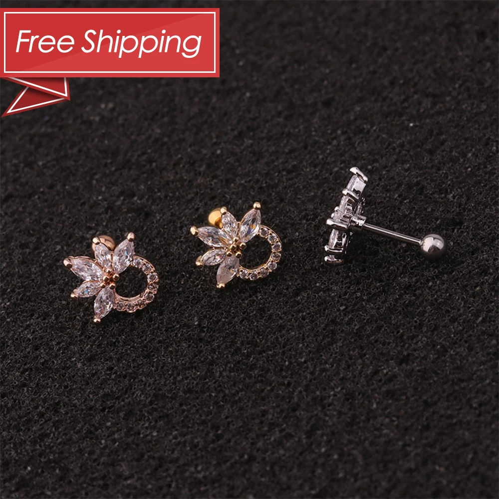 

Free shipping anti-allergic cartilage zircon cz stone surgical stainless steel tiny ear studs set piercings earrings, Gold/rose gold/steel