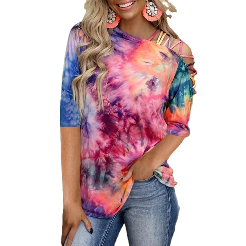 

One Shoulder Tie Dye T Shirt,Cut Out Hole Strap Short Sleeve Woman Tops, Picture