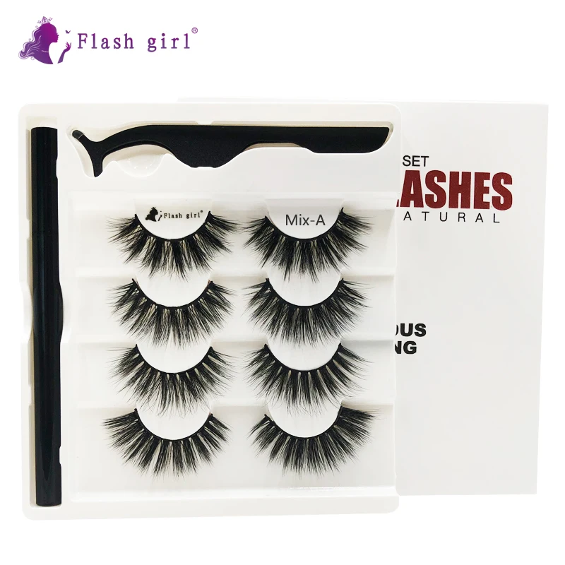 

Flash girl Mix-A High-end luxurious 4 pairs 3D mink eyelashes Magic self-adhesive eyeliner eyelashes set with tweezers